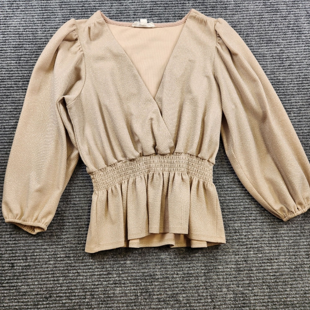 Shabby Chic Blouse Beige Metallic Ribbed Smocked Waist Size M V Neck Balloon Slv